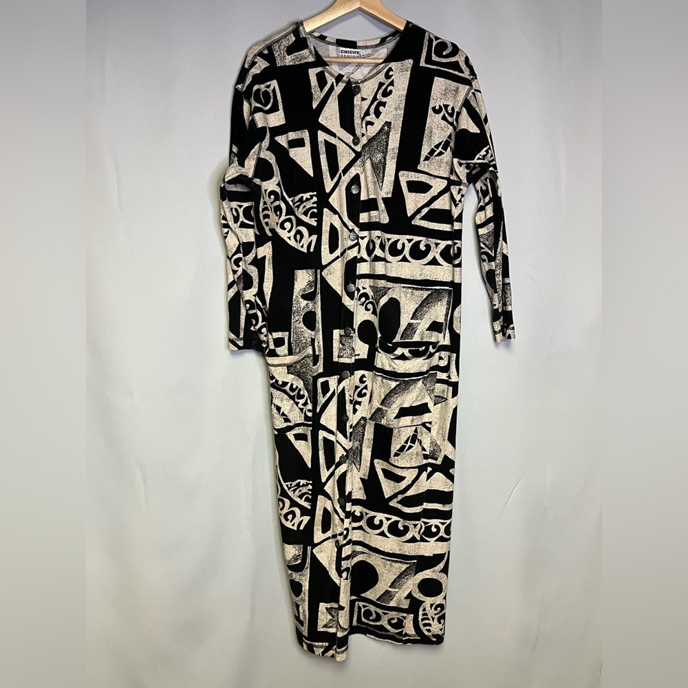 Vtg Chico’s Geometric Patterned Dress Pockets Long Sleeve Southwestern Buttons